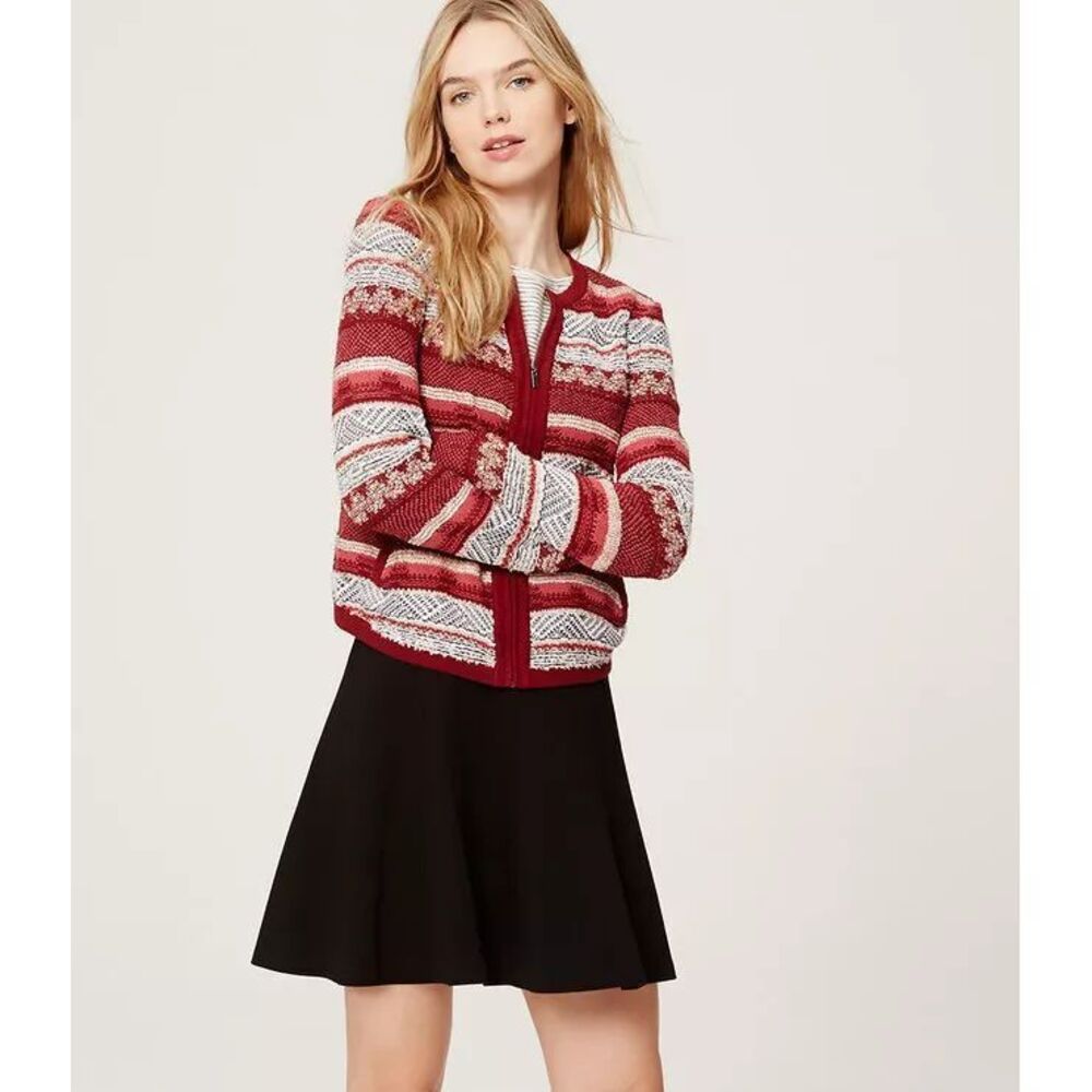 LOFT Red Striped Knit Cardigan Sweater
